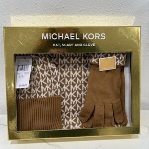 Michael Kors Tan Hat, Scarf, and Glove Set